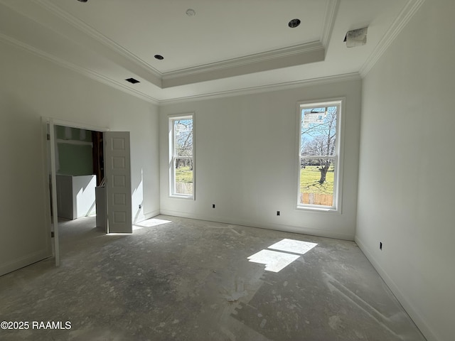 unfurnished bedroom with a raised ceiling, multiple windows, and crown molding