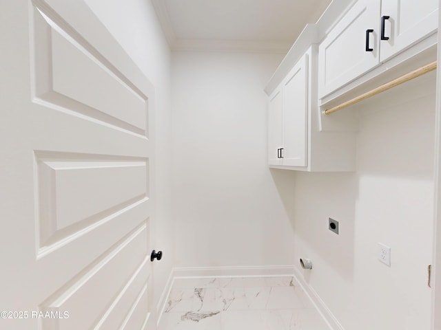 119 Chimney Rock Blvd, Lafayette, LA 70508 - laundry room with hookup for an electric dryer, cabinet space, marble look tiles, and crown molding