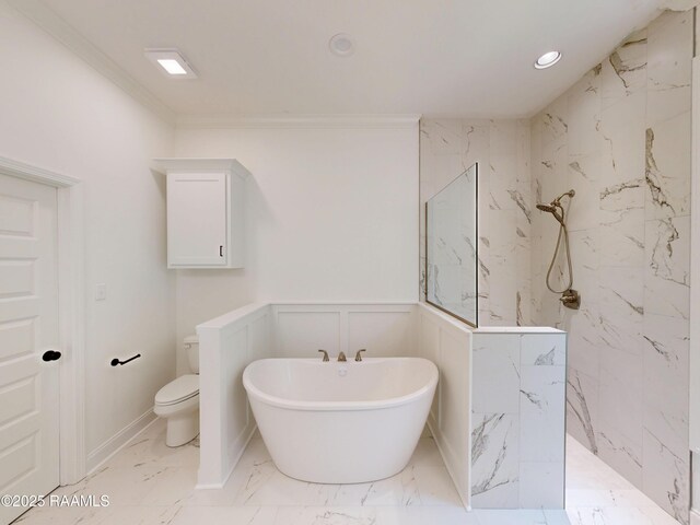 119 Chimney Rock Blvd, Lafayette, LA 70508 - full bath featuring a marble finish shower, a soaking tub, ornamental molding, marble finish floors, and a wainscoted wall