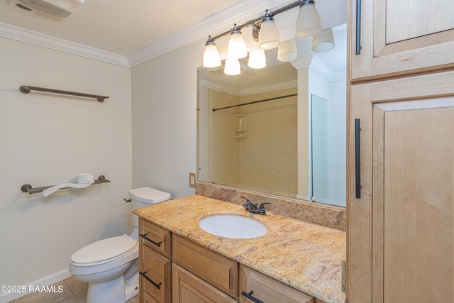 full bath with baseboards, toilet, ornamental molding, tile patterned flooring, and vanity