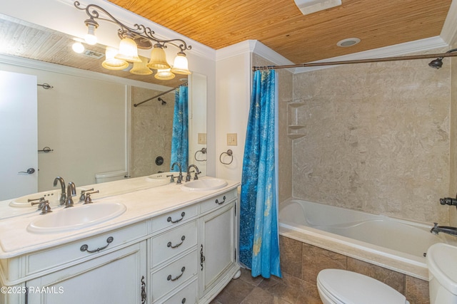 bathroom featuring toilet, wooden ceiling, tiled shower / bath, and a sink