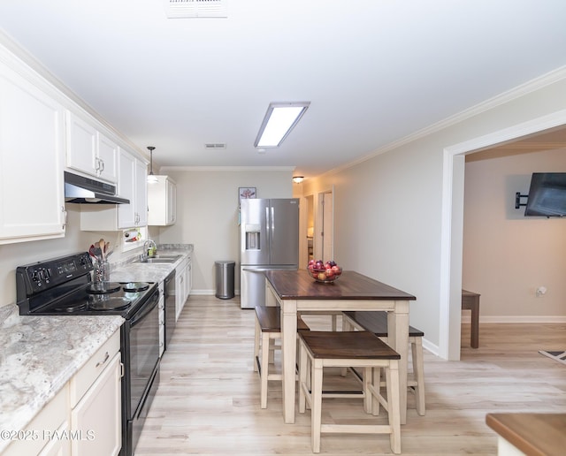 kitchen featuring under cabinet range hood, dishwashing machine, stainless steel refrigerator with ice dispenser, white cabinetry, and black / electric stove