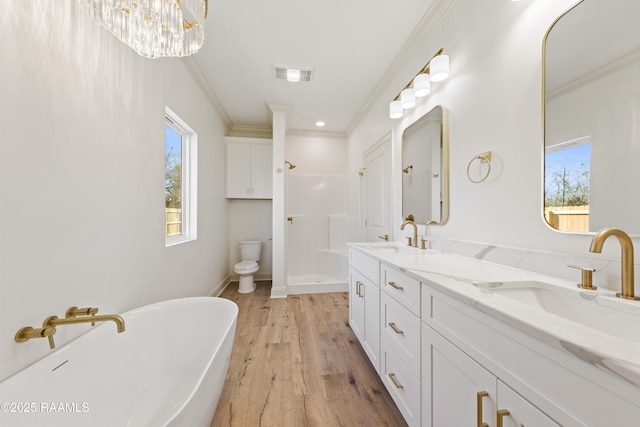 bathroom featuring visible vents, ornamental molding, a sink, and wood finished floors