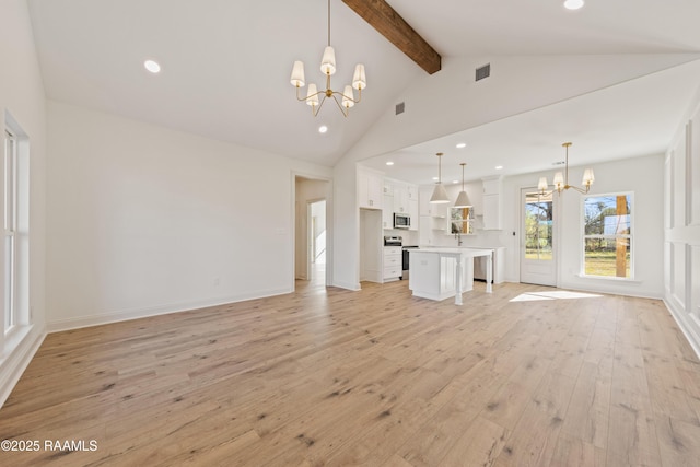 unfurnished living room featuring a chandelier, light wood-type flooring, visible vents, and beamed ceiling