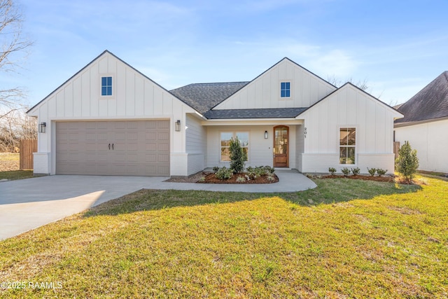 modern inspired farmhouse featuring a shingled roof, a front yard, board and batten siding, and concrete driveway