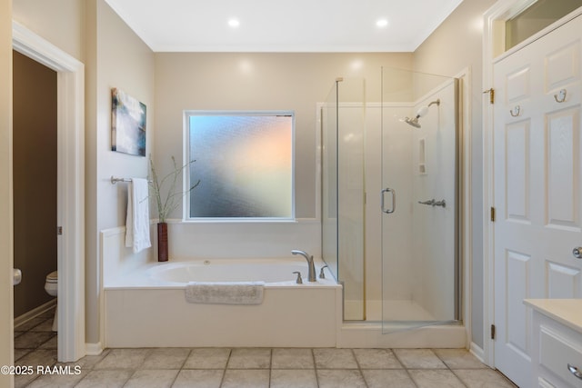 full bath featuring toilet, a shower stall, crown molding, a bath, and vanity