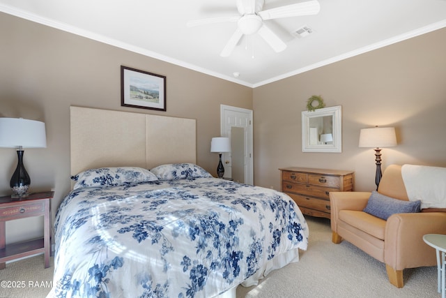 bedroom featuring a ceiling fan, crown molding, light colored carpet, and visible vents