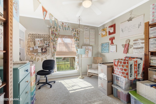 carpeted office featuring ceiling fan and crown molding