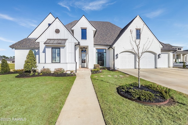 view of front of home featuring board and batten siding, concrete driveway, roof with shingles, and a front lawn