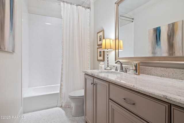 full bath with toilet, vanity, tile patterned floors, crown molding, and shower / bath combination with curtain