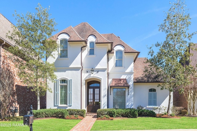 french provincial home with stucco siding, a front yard, and french doors