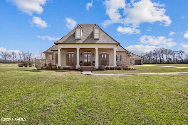 view of front facade with a garage, stucco siding, a front lawn, and french doors