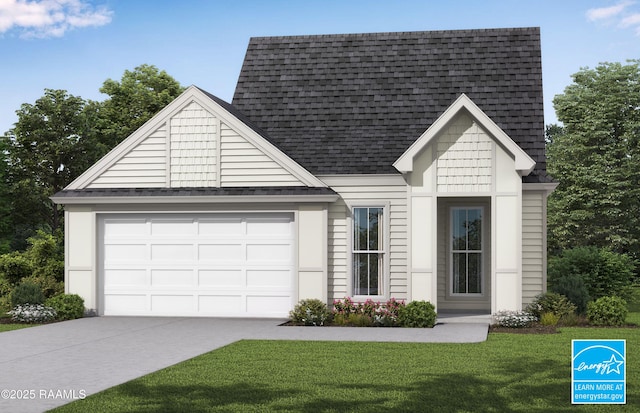 view of front of property with a garage, roof with shingles, concrete driveway, and a front yard