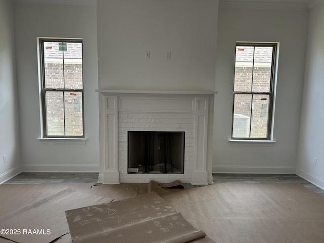 room details with baseboards, crown molding, and a fireplace
