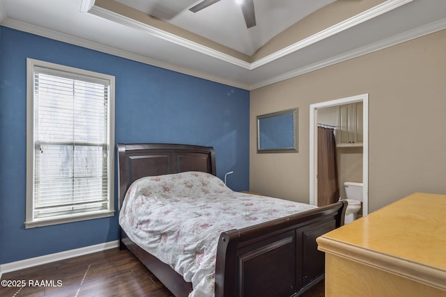 bedroom with ceiling fan, baseboards, dark wood-style floors, and ornamental molding