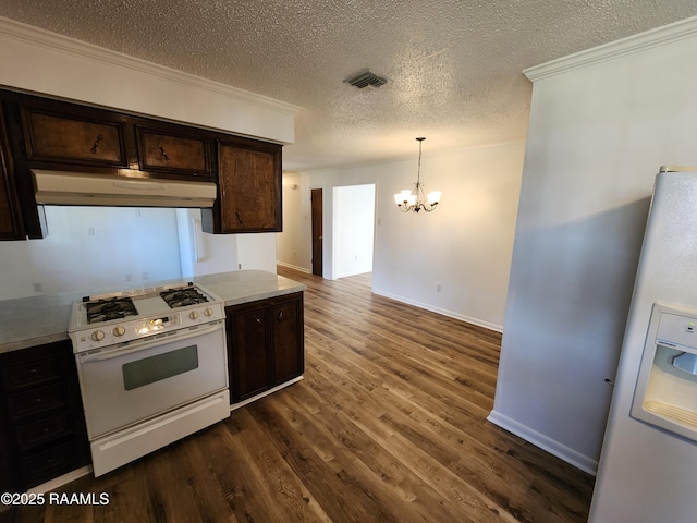 kitchen with under cabinet range hood, white appliances, dark brown cabinets, and dark wood finished floors