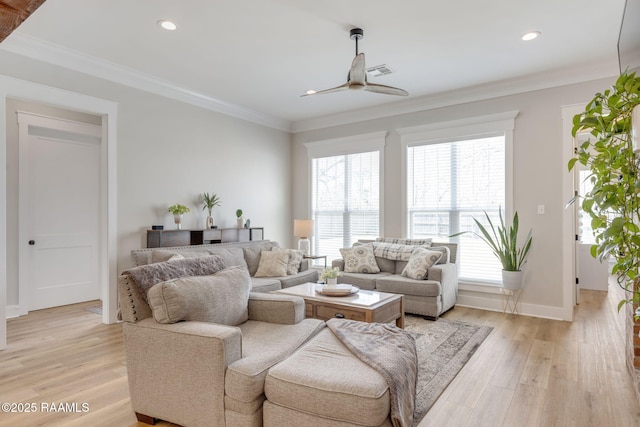 living area with visible vents, recessed lighting, light wood-type flooring, and crown molding