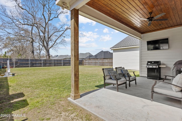 view of patio with a ceiling fan, a fenced backyard, and a grill