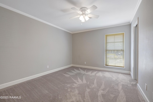 spare room with crown molding, carpet flooring, baseboards, and ceiling fan