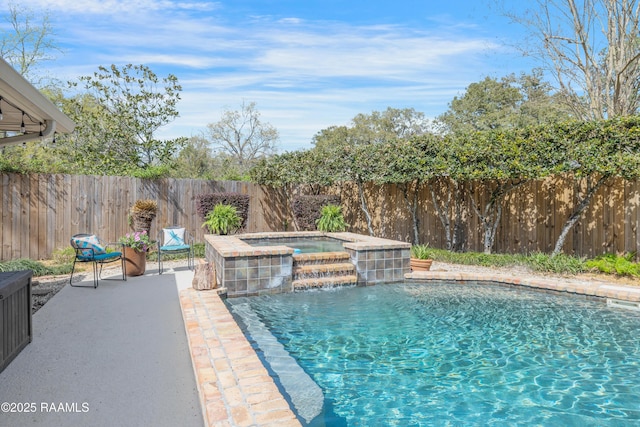 view of pool with a fenced backyard, a fenced in pool, an outdoor hot tub, and a patio area