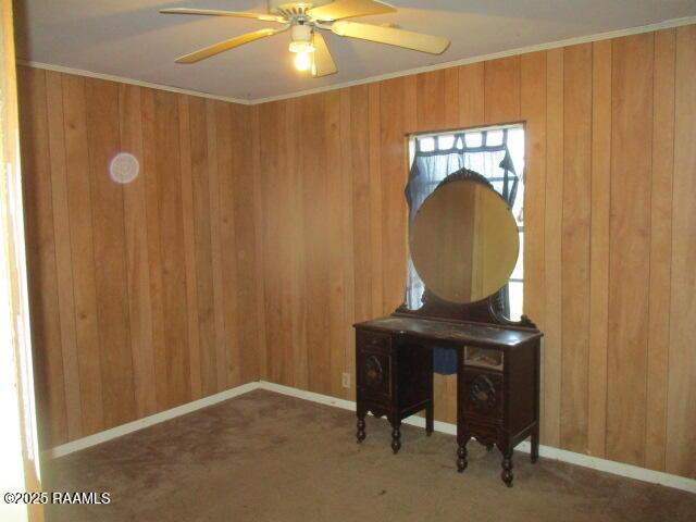 interior space with wood walls, baseboards, ceiling fan, and ornamental molding