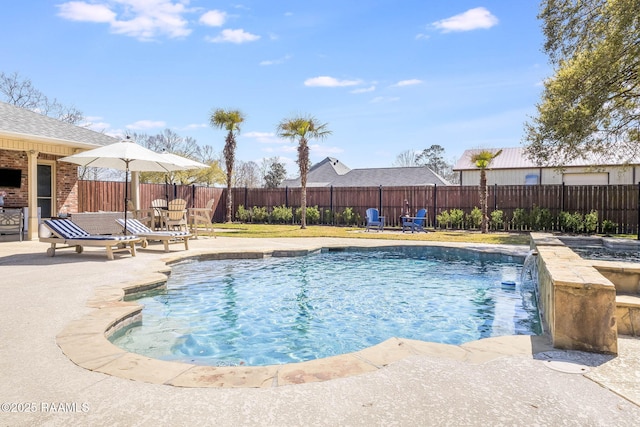 view of swimming pool featuring a fenced in pool, a patio, and a fenced backyard