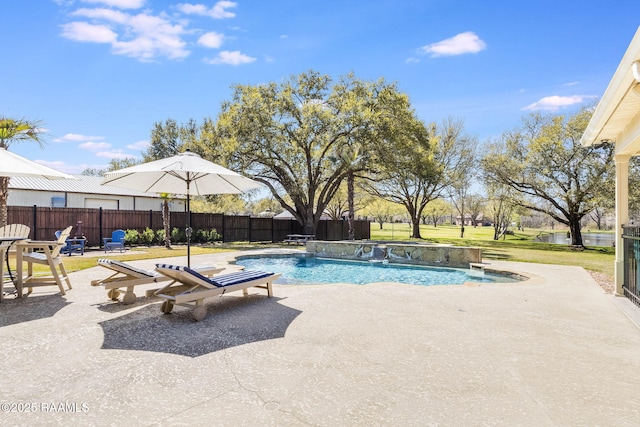 view of pool featuring a patio area, a fenced in pool, a lawn, and a fenced backyard