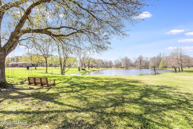 view of property's community featuring a water view and a lawn