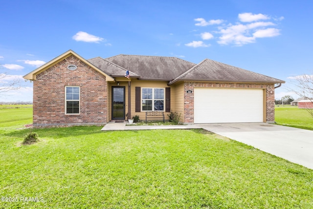 ranch-style house with a garage, concrete driveway, a front lawn, and a shingled roof