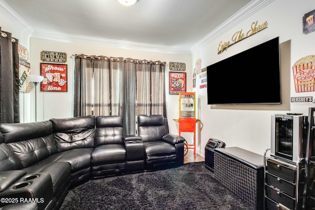 living area with crown molding