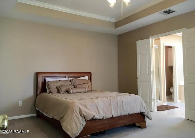 bedroom with visible vents, baseboards, carpet, and crown molding