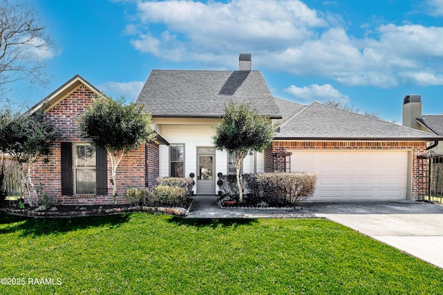 view of front facade with brick siding, a chimney, concrete driveway, and a front yard