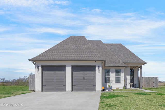 view of front of house with driveway, an attached garage, a front yard, and a shingled roof