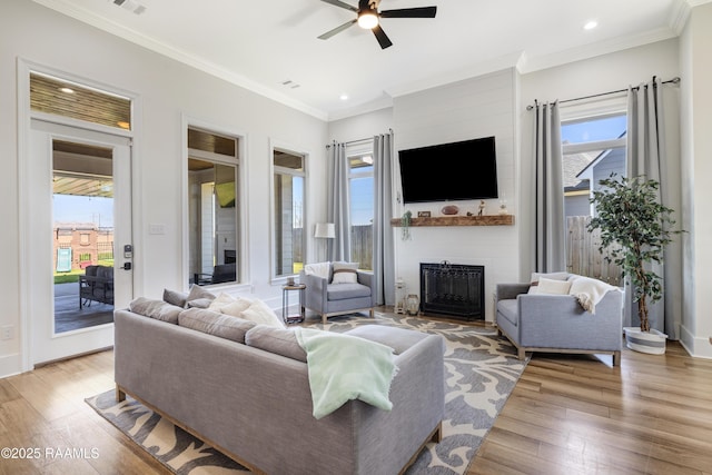 living area featuring crown molding, a fireplace, light wood finished floors, and a healthy amount of sunlight