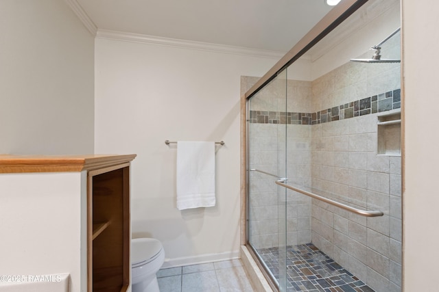 bathroom with a stall shower, ornamental molding, and tile patterned flooring