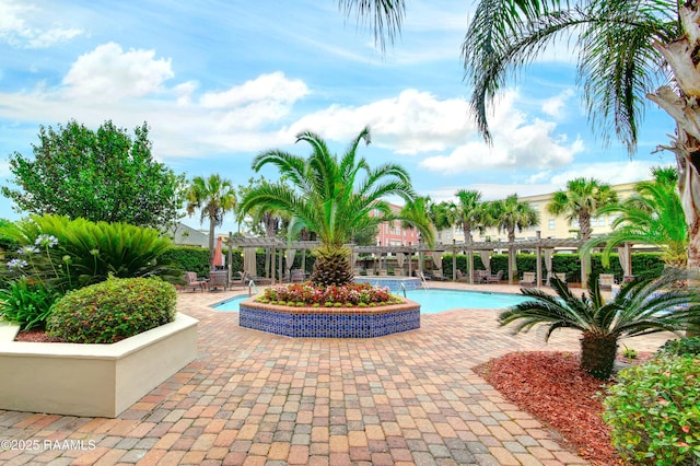 pool with a patio area and a pergola