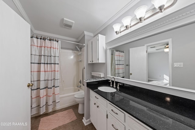 full bath featuring shower / bath combo with shower curtain, ornamental molding, vanity, and tile patterned flooring