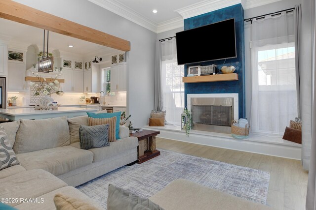 living room featuring a large fireplace, plenty of natural light, light wood-type flooring, and crown molding