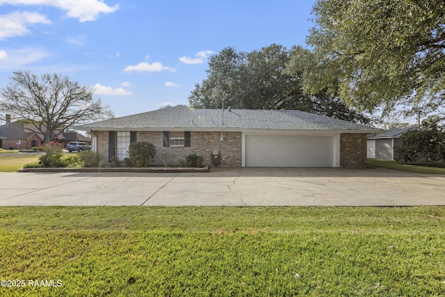 ranch-style home with a front yard, an attached garage, brick siding, and driveway