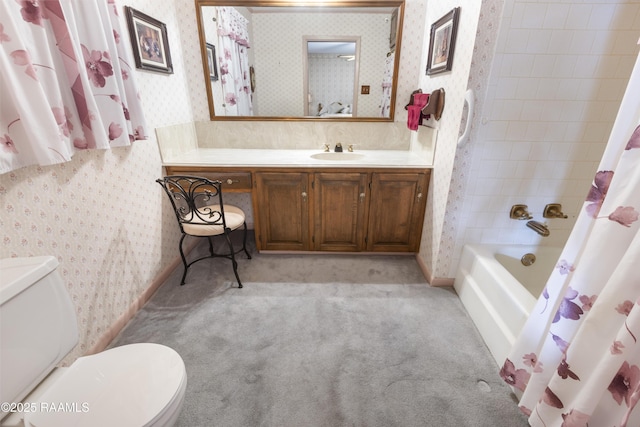 full bathroom with shower / tub combo with curtain, toilet, wallpapered walls, and vanity