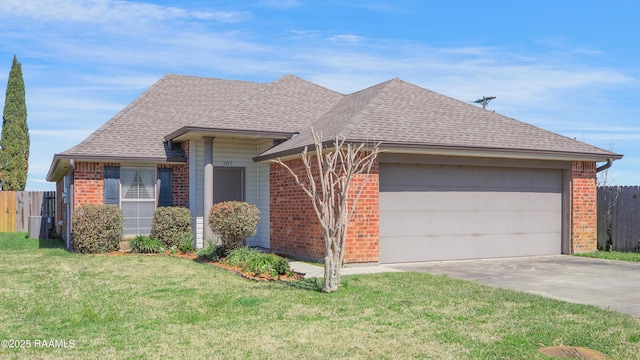 single story home featuring brick siding, a shingled roof, a garage, and fence