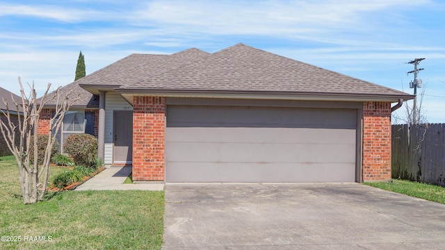 ranch-style home with brick siding, concrete driveway, roof with shingles, and fence