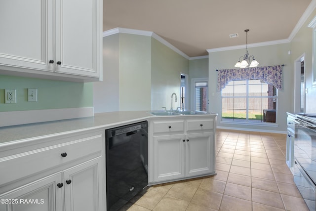 kitchen with a sink, range with electric stovetop, white cabinets, light tile patterned floors, and dishwasher