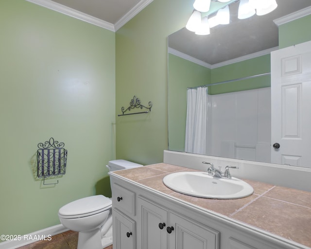 bathroom with toilet, a shower with shower curtain, ornamental molding, tile patterned floors, and vanity