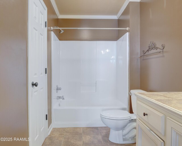 bathroom with vanity, ornamental molding, toilet, and shower / bath combination