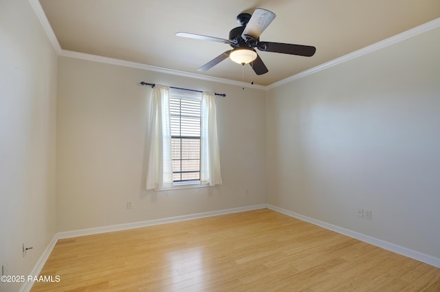 unfurnished room featuring a ceiling fan, crown molding, light wood-style floors, and baseboards