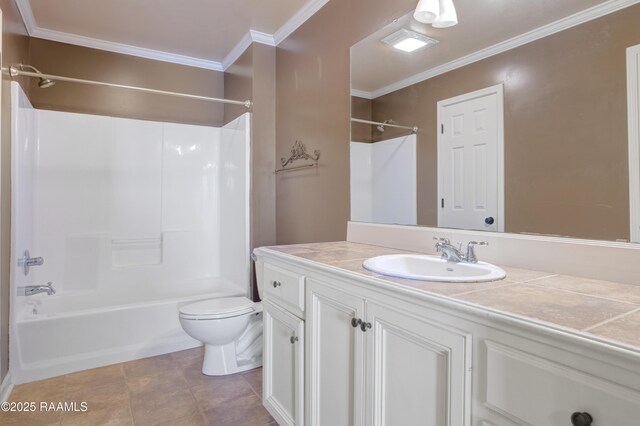 full bathroom featuring vanity, washtub / shower combination, ornamental molding, tile patterned floors, and toilet