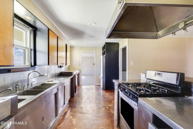 kitchen featuring under cabinet range hood, stainless steel counters, a sink, finished concrete floors, and gas stove