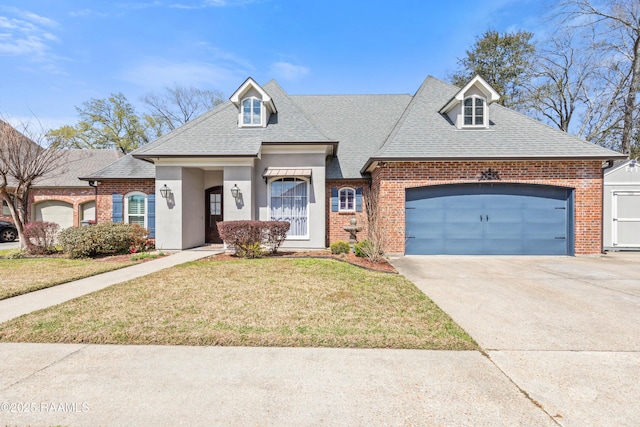 view of front of house featuring a front lawn, an attached garage, brick siding, and concrete driveway