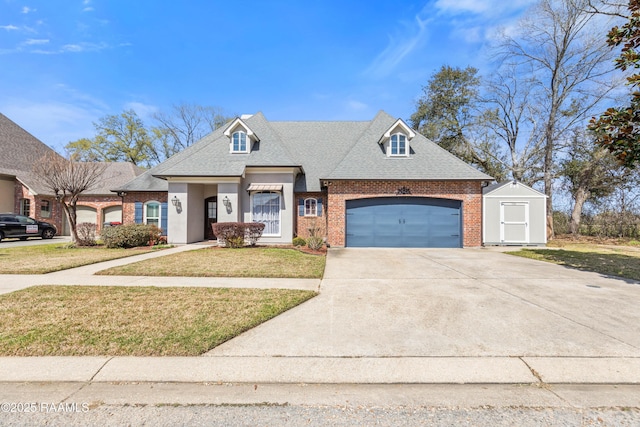 view of front of home with a front yard, an attached garage, a shingled roof, concrete driveway, and brick siding